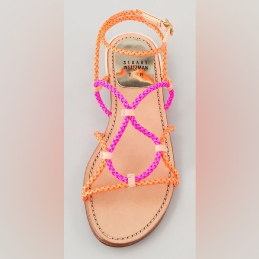STUART WEITZMAN Cordy Sherbert Laniard Sandals Neon Braided Pink & Orange